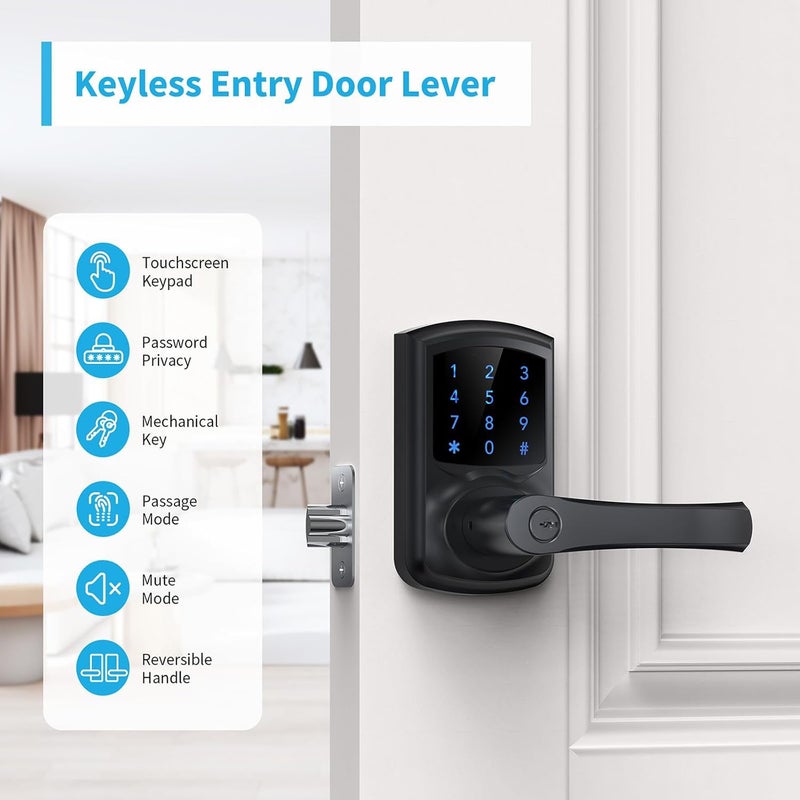 Signstek Keyless Entry Door Lock with Handle, Digital Keypad Door Knob, Smart Electronic Lock with Code, Touchscreen, Auto-Locking, Matte Black - Image 2